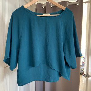 Loose Teal Mid-sleeve Crop Top Blouse
